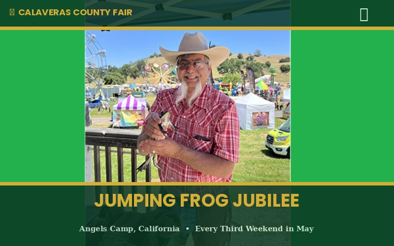 Glen Sanchez, smiling in a cowboy hat and red plaid shirt, holds a frog at the Calaveras County Fair and Jumping Frog Jubilee, with carnival rides and rolling Gold Country hills visible in the background."